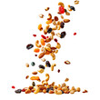 © sahli - Mixed Nuts and Dried Fruits in Mid-Air, A stream of mixed nuts and dried fruits falling together, isolated on a plain background, highlighting healthy snack options