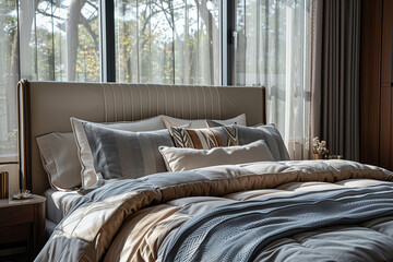 Wall Mural - A bed with grey silk bedding, surrounded by curtains and pillows, sits in front of large windows overlooking the forest outside. The room is decorated with modern furniture and warm lighting.