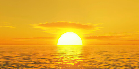 A bright yellow sun peeks over a calm ocean horizon