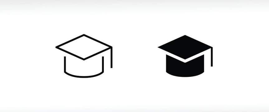 Outline Mortar Board or Graduation Cap. Educator graduation icon, seminar, classes line icons set, editable stroke isolated on white, linear vector outline illustration, symbol logo design style