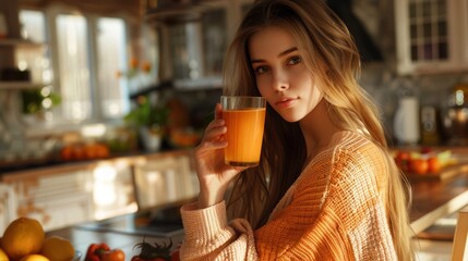 Wall Mural - A woman with long hair and an orange sweater is drinking a glass of orange juice in a kitchen.