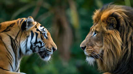 Wall Mural - closeup side view of tiger and lion wild cats standing face to face in the wilderness. zoo wildlife 