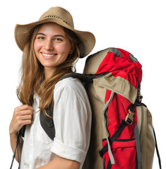 Beautiful happy young tourist woman wearing a backpack and a hat, smiling and looking at the camera, portrait isolated on a transparent background. Summer journey adventure, girl nature tour trip