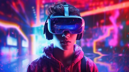 People wearing VR goggle while enter metaverse with neon color background. People with VR headset against abstract neon pattern background. Concept of virtual reality and futuristic technology. AIG35.