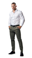 Wall Mural - Isolated walking handsome young man wearing dark green trousers and white shirt, png,cutout on transparent background, ready for architectural visualisation
