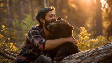 Adult man hugging brown bear animal in forest nature wilderness. Summer wildlife outdoors adventure, camping friendship, dangerous grizzly