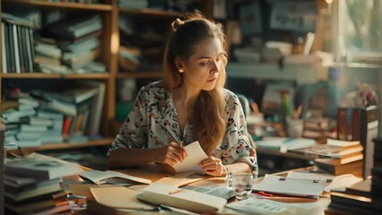 Canvas Print - A woman sits at her desk, focused and organized, using a tablet to manage files efficiently, A determined woman in a workspace, organizing files and documents with precision