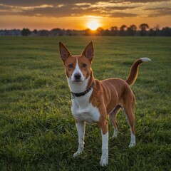 Wall Mural - Canine stands in field, tail curled upwards,  towards sunset. Canines head obscured by blurred rectangular area, possibly to maintain anonymity. Scene captures warm glow of setting sun on horizon.