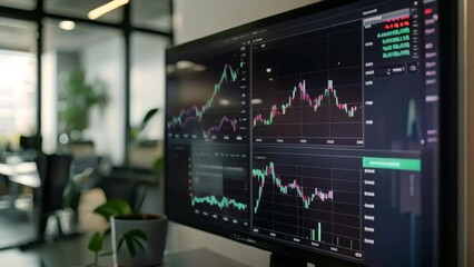 Sticker - A computer monitor displaying a detailed stock chart graph with various data points and trends, A digital screen displaying graphs and charts of data trends in an office setting