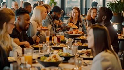 Wall Mural - A diverse group of coworkers sitting at a table, enjoying food and conversation during lunch, A diverse group of coworkers enjoying a lively lunch together at a corporate cafeteria