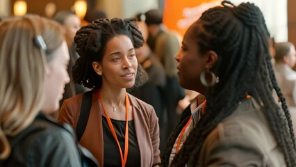 Wall Mural - Diverse group of professional women standing next to each other, networking at an event, A diverse group of professionals networking at a conference