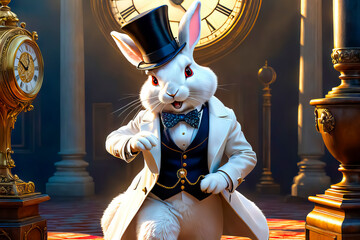 Wall Mural - White crazy rabbit with a pocket watch from the fairy tale Alice in Wonderland