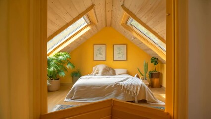 Poster - A bedroom with a bed and a rug in a dreamy attic space with sloped ceilings and skylight, A dreamy attic space with sloped ceilings and skylights