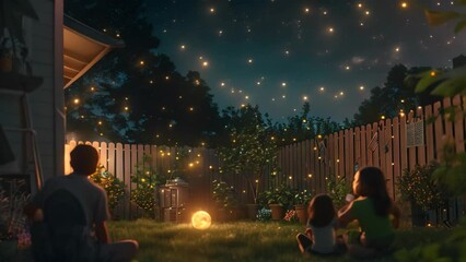 Canvas Print - A diverse group of individuals sit together in the grass, looking up at the stars in the night sky, A dreamy interpretation of a family stargazing in a backyard