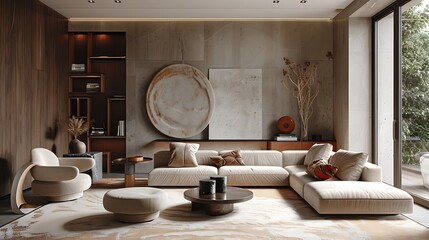 Wall Mural - Living room with a mix of bold and neutral colors for a balanced look, realistic interior design