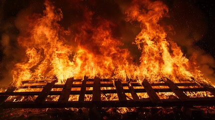 Wall Mural - Flames engulfing a wooden structure, casting a bright glow against the night sky, ideal for a dramatic fire wallpaper.