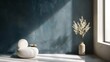 © kashif - A serene vista of minimalist shapes and textures illuminated against a dark blue wall, evoking a sense of tranquility.