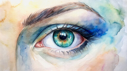 human blue-green eye, part of the face, watercolor drawing, concept of ophthalmology and laser correction