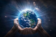 © SANA - hands holding earth, Behold the awe-inspiring image of human hands cradling the planet Earth, bathed in celestial light rays emanating from the cosmos