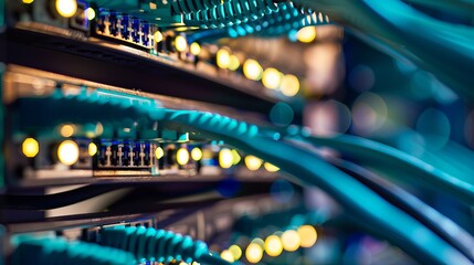 Network equipment with connected wires, close-up of network hardware for system administrators. Structured cabling systems, network switches, data storage, and transmission, with server routers.