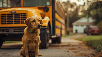 Sad golden retriever family dog pet animal sitting on city town road street in front of yellow school bus in autumn nature. Kindergarten children or kids education transportation vehicle, copy space