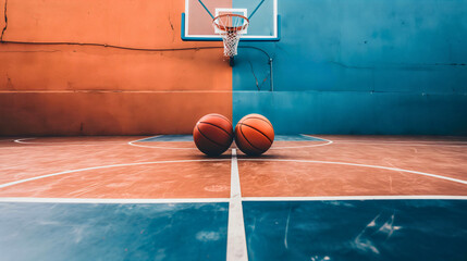Wall Mural - Two basketball balls on empty basketball court stadium gym parquet in blue and orange colors, college league game play competition background