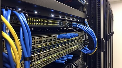 Wall Mural - Network panel, switch, and cable setup in a data center.