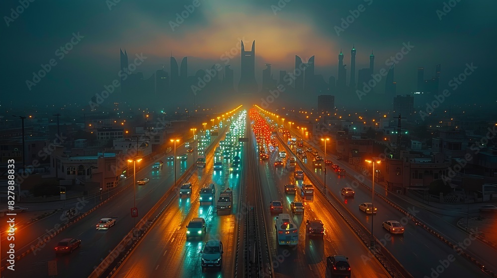 Traffic Jam Riyadh Riyadh skyline at night with cars in a traffic jam, showcasing the ...