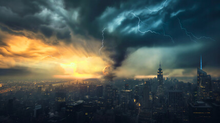 dark thunderstorm clouds and lighting bolts with tornado hurricane or cyclone above the cityscape. d