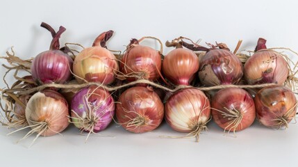 Wall Mural - Set of fresh whole and sliced onions isolated on white background. Top view