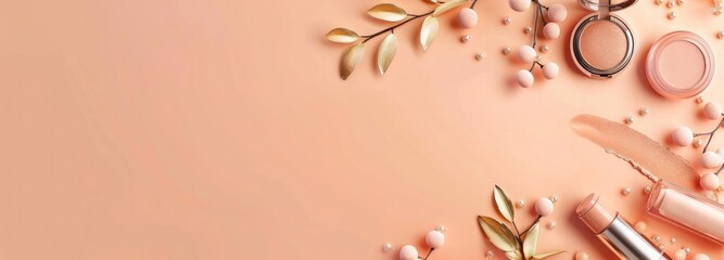 Wall Mural - A banner-ready long web format designed for fashion and beauty blogging. Top-view composition of makeup products and decorative cosmetics against a peach-colored background, with ample copy space.