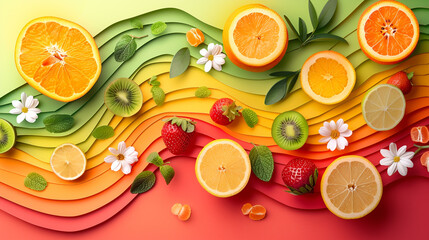 Wall Mural - Fruits theme wallpaper with related images in layered paper cut style. 