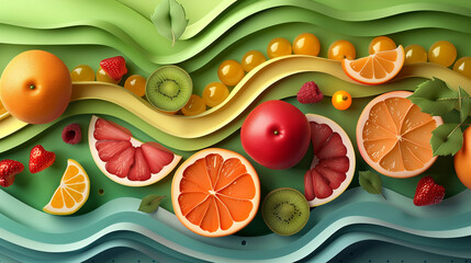 Wall Mural - Fruits theme wallpaper with related images in layered paper cut style. 