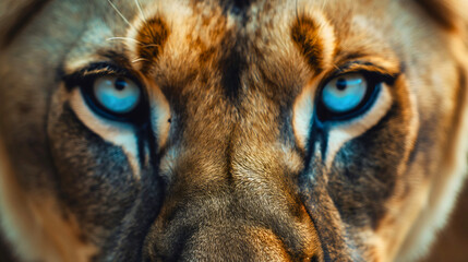 Closeup of a lioness face with blue eyes. African wildlife predator, dangerous safari hunter, looking staring at the camera