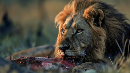 Lion animal eating meat food from his prey in African safari wildlife nature outdoors. Hungry carnivore hunt king, Kenya savannah nature fauna predator beast