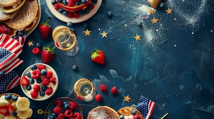 Fourth of July Patriotic Independence day desserts  4th of July sweet brunch food and snacks  toast sandwiches flakes with berries cake pancakes champagne with glasses holiday decor fl : Generative AI