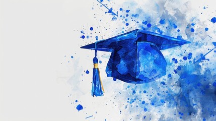 blue graduation cap with tassel on white background, watercolor Generative AI