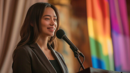 A woman giving a speech about equality and justice, advocating for the rights of all people with rainbow flag background, LGBTQ community concept. 