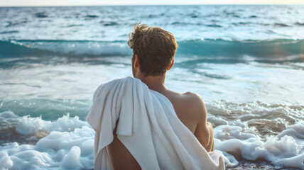 Wall Mural - Rear back view of white towel on a man back, sitting on ocean or sea sand beach. Summer vacation holiday relax, guy sunbathing leisure
