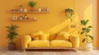 © Chand Abdurrafy - Cozy living room with a yellow accent wall, a plush yellow sofa, and wooden shelves with yellow decorative items