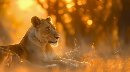 Wall Mural - female safari predator lioness hunter animal, african carnivore beast resting in wildlife nature