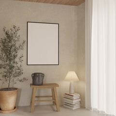 Wall Mural - Wabi sabi style interior design with wooden bench , tree plant , lamp and empty poster frame , mock up , 3d rendering