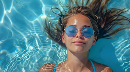 Sticker - A woman wearing sunglasses is laying in a pool