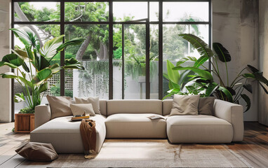 Wall Mural - Modern living room interior with comfortable beige sofa