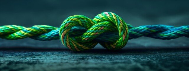 Wall Mural - Bright green rope with a tied knot on a dark background, banner