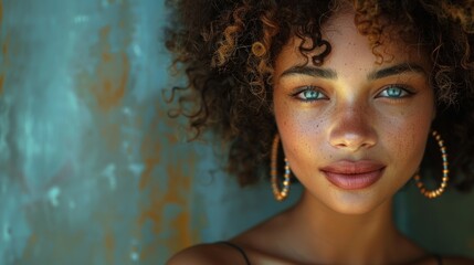 Wall Mural - A woman with brown hair and blue eyes is wearing gold hoop earrings