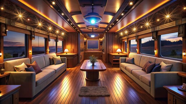 luxury rv interior with wooden accents and glowing lights