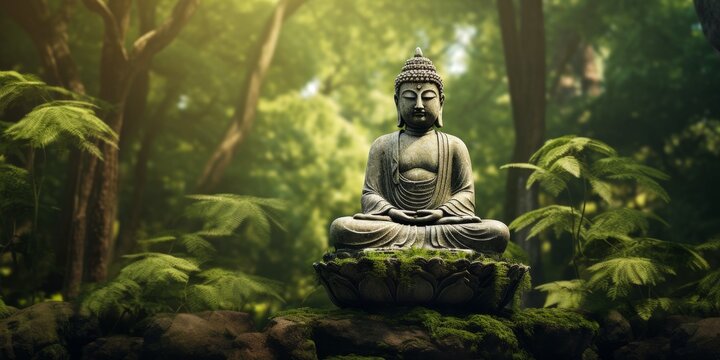 Buddha statue in green forest Generative AI