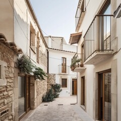 Pedestrian street with white houses and small terraces. Traveling concept