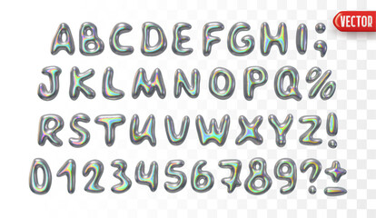 Wall Mural - Holographic font set in metallic colors realistic 3d design, featuring uppercase letters, numbers, and special characters. Liquid metal chrome shaped alphabet. Vector illustration